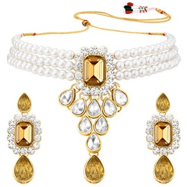 Aheli Crystal Pearl Necklace Earring Traditional Jewellery Set Gift for Women Golden