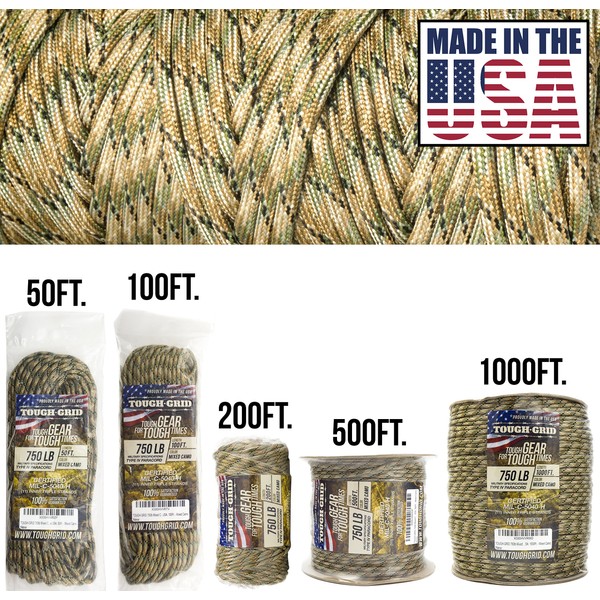 TOUGH-GRID 750lb Mixed Camo Paracord/Parachute Cord - Genuine Mil Spec Type IV 750lb Paracord Used by The US Military (MIl-C-5040-H) - 100% Nylon - 500Ft. - Mixed Camo