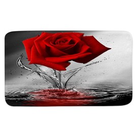 JAWO Rose Bath Mats Rugs for Bathroom, Romantic Floral Blossom Red Rose Reflection on Water, Black and Red Flannel Bathroom Floor Mat Bath Rug Non Slip,Machine Washable