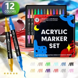 BAIRUIY Premium Acrylic Marker-12 Colors Dual Tip Acrylic Paint Pens Markers, for Wood, Glass, Rock, Canvas, Ceramic, DIY Crafts Making Art Supplies