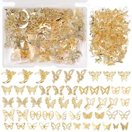 350 Pcs Gold Nail Charms and Gems, 10 Styles 3D Butterfly Nail Art Charms, Small Butterflies Nail Studs, Gold Alloy Nail Jewelry Charms for Nail Art Design DIY Accessories