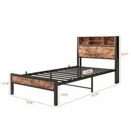 Elephance Twin Size Bed Frame with Storage Headboard, Metal Platform Bed with Charging Station, Bookcase Storage, No Box Spring Needed, Easy Assembly