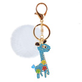 Tobestu Cute Giraffe Key Chain Animal Keychain Bag Car Hanging Clips Exquisite Bling Accessory with Pom Pom Pompom Ball Y2229 (dark blue)