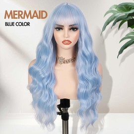 Fancy Hair Light Blue Wig with Bangs Long 26 Inches Mermaid Blue Synthetic Hair Wavy Curly Heat Resistant Costume Wigs for Women Cosplay Party Daily Use