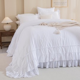 QSH White Oversized California King Ruffle Bed Comforter Set 128x120, Farmhouse Shabby Vintage Ruffled Comforter French Country Rustic Bedding Comforter Microfiber Fluffy Soft Bedding 3 PCs