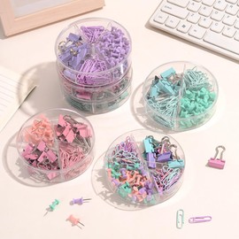 65 Pcs Binder Paper Clips Push Pins Metal Binder Clip Colored Paper Clips Cute Mini Thumb Tacks Paper Organizer Clips with Storage Box for School Office Purple