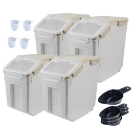 Mairuker Large Flour Storage Container Bin 25lb,4 Pack Airtight Rice Storage Containers with Wheels Seal Locking Lid BPA Free with Measuring Cup,Scoop for Flour, Rice, Grain, Dry Food - Grey