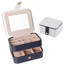 Travel Jewelry Box Organizer with Mirror Multiple Levels PU Leather Organizer Small Portable Accessory Storage (Baby Blue)