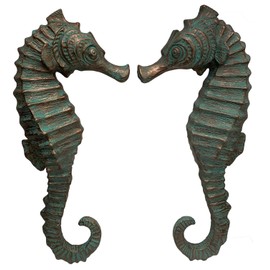 Set of 2 Seahorse Wall Sculptures Decor Marine Life Figures (Verdigris Bronze)
