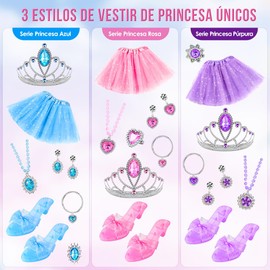 AUTOWT Ropa de Princesa para Niñas Pequeñas, Conjunto de Disfraces de Princesa de 21 Pcs con Coronas Zapatos Pendientes Collares Pulseras Anillos, Juguetes de Juego de Pretender y Regalos para Niñas