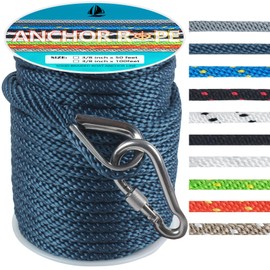 3/8 Inch 100 FT Anchor Rope, Boat Anchor Rope Solid Braid MFP, Anchor Line with 316 Stainless Steel Thimble and Snap Hook - Navy Blue