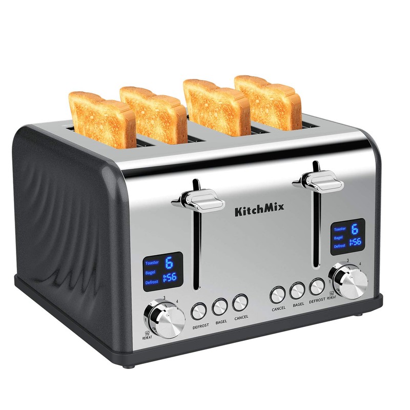 KitchMix Toaster 4 Slice, Bagel Stainless Toaster with LCD Timer,