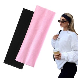 7cm Wide Black Headbands for Women Men, Yedtreg 2pack Fashion Head Bands for Women's Hair, Soft Fabric Stretchy Hair Bands for Makeup, Yoga, Running, Sports (Black/Pink)