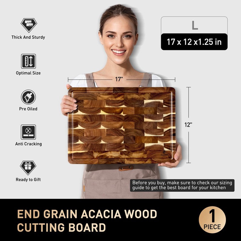 End Grain Cutting Board for Kitchen with Non-slip Feet, Acacia