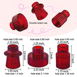 Double Sided Vintage Ribbed Taper Glass Candle Holders,Tea Candle Holder for Table Centerpieces, Wedding Decorations and Dinner Parties (Red, 3 PCS)