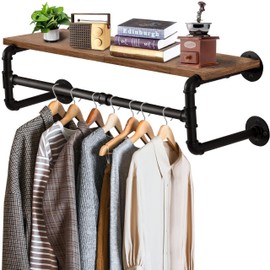 Yawinhe Industrial Pipe Clothes Rack with Top Shelf, Wall Mounted Garment Rack, Space Saving Hanger with 4 Bases, for Shops, Homes, 27.5''Lx10.2''Wx10.2''H, Rustic Brown, 1-Pack