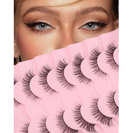 Cat Eye Lashes Short Wispy Strip Lashes that Look Like Extensions Natural Fluffy Thin Band Fake Eyelashes C Curl Volume Eye Lashes Pack 15mm 77-Hashtag