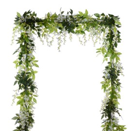 DearHouse 4Pcs 6.6Ft/Piece Artificial Flowers Silk Wisteria Garland Artificial Wisteria Vine Rattan Silk Hanging Flower for Home Garden Outdoor Ceremony Wedding Arch Floral Decor (White)