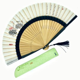 Eastern Wind Chinese white linen lotus bamboo hand fan folding