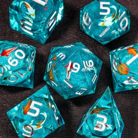 OUKELANWO Liquid Core Koi Fish DND Dice Set D&D with Gift Box, 7Pcs Sharp Edge Resin Dungeons and Dragons Polyhedral Role Playing Game Dice, Ocean D and D RPG D20 D12 D10 D8 D6 D4 Dice