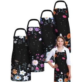 Bencailor 4 Pcs Waterproof Flowers Aprons Set Adjustable Floral Kitchen Aprons Bib Vintage Cooking Apron for Women Girls(Dark Color, Wildflower)
