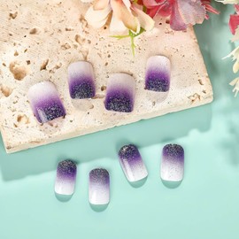 RUOKEXIN Medium Square Press on Nails Purple Ombre Fake Nails Glitter False Nails with Designs Medium Nail Press ons Sparkly Artificial Nails Cute Stick on Nails for Women 24Pcs