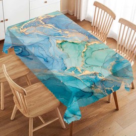 VIGGINER Teal Marble Rectangle Tablecloth Turquoise Blue Gold Table Cloth for Kitchen Dining Natural Luxury Abstract Fluid Tablecloths Table Cover Decor for Party Patio 54 x 72 Inch