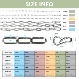 EXLECO 10 m Stainless Steel Chain Diameter 1.5 mm Steel Chain Link Chain Barrier Chain Decorative Chain with 2 Carabiner Hooks Metal Chain for Hanging Dog Chain Anchor Chain Round Link Chain Long Link