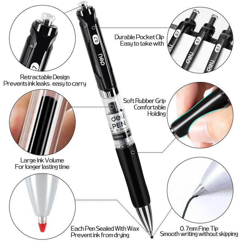 deli Gel Pens, 30 Pcs Retractable Pens Black Ink, Medium