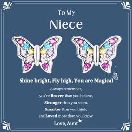 Butterfly Earrings Gifts for Women, Easter Basket Stuff Gift CZ Stud Earrings for Women Trendy Stainless Steel Jewelry with Gift Box, Ideal Gifts for Her Birthday Gift 6 7 8 9 12 16 21 Years Old