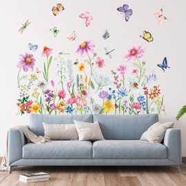 Jadeso 9 Pcs Flowers Wall Decals Peel and Stick, Colorful Wildflower Dragonflies Floral Wall Stickers for Living Room Bedroom Baby Nursery