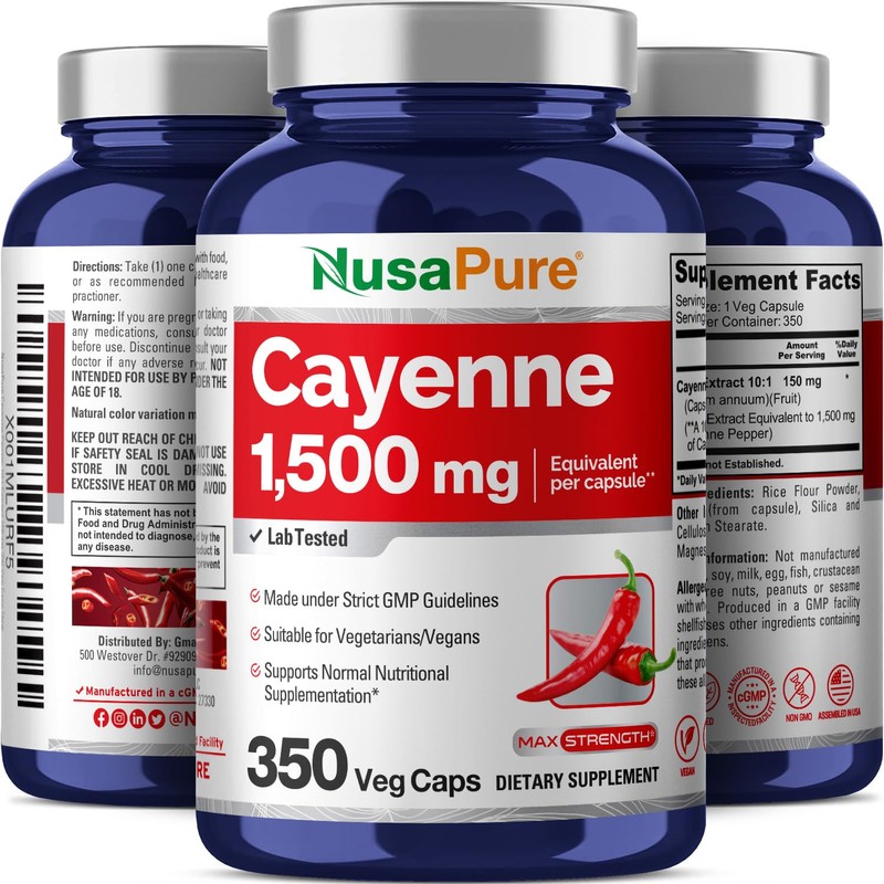 NusaPure Cayenne Pepper 1500mg Per Caps, 350 Veggie Capsules Vegan