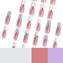 Vezocim Press on Nails Coffin Long French Tips Glossy Full Cover Acrylic Square Rhinestone Fake Nails with Flower Designs Extra Long False Nails Glue Stick on Fingernails with Charm for Women