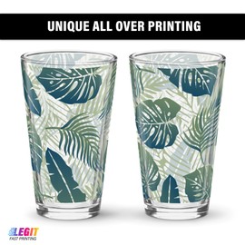 LEGITFASTPRINTING.COM Hawaiian Palm Leaves 16oz Pint Glasses, Set of Two, Relaxing Vintage Floral Print, All Over Full Color Printed Pint Glasses