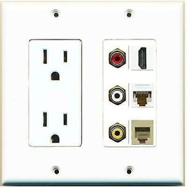 RiteAV [ 2 GANG ] 15A Duplex Power Outlet HDMI CAT6 Composite Video Phone Wall Plate