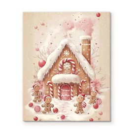 Christmas Gingerbread House Canvas Wall Art Decor - Festive Holiday Decor Featuring Gingerbread House with Candy Canes and Gingerbread Figures, 8X10 inch Winter Scene for Room, Kitchen or Kids' Room