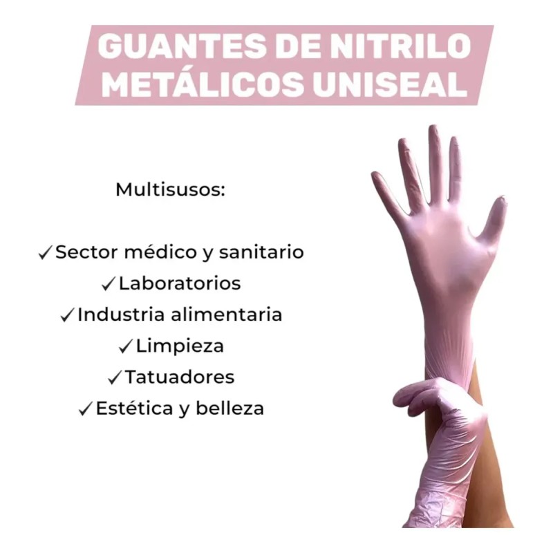 Guantes De Nitrilo Metálicos Uniseal Antideslizantes C/100pz Color Rosa Talla