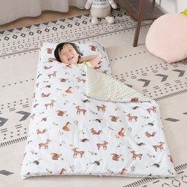 david's kids Toddler Nap Mat with Plush Dots Lining, Ultra Soft Slumber Bags for Boys Girls, Perfect for Preschool, Daycare, Kids Sleeping Bags with Rollup Design, 50"x20", Woodland Animals