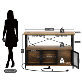 YITAHOME 47" Wine Cabinet with LED Lights, Bar Cabinet with Power Outlet, Bar Table Stand with Wine & Glasses Rack, Storage Cabinets, Adjustable Shelf, Rustic Brown