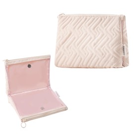 Leudes Makeup Bag Travel Essentials Cute Skincare Pouch Purse Cosmetic Bags for Women Traveling Make Up Organizer Portable Clear Case Toiletry Bag with Zipper (Beige, Medium)