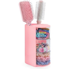 Neotidy Organizador de accesorios para el cabello con soporte para cepillo para polvo de pelo, organizador giratorio para niñas, soporte para brochas de maquillaje de 3 niveles para clips, lazos y