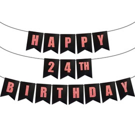 PartyForever Happy 24th Birthday Party Decorations Banner For Women Black Cardstock with Rose Gold Glitter Letters Sign for Her