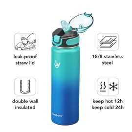 Enerbone 24 oz Insulated Water Bottle, Stainless Steel Bottle with Carrying Strap, Double-Wall Vacuum Insulation Design, Leakproof Sports Bottle with Straw, Keep Drinks Cold or Hot for Hours