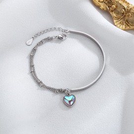 LUTAKU Moonstone Bracelet for Women Girls Love Heart Bracelet s925 Sterling Silver Bangle Jewellery Best Friend Gift for Mothers Day (Silver01)