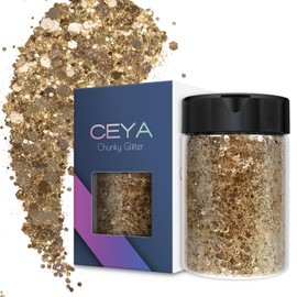 Ceya Chunky Glitter, 4.9oz/ 140g Luxury Gold Craft Glitter Powder Mixed Fine Flakes Iridescent Nail Sequins for Nail Art, Hair, Epoxy Resin, Tumblers, Slime, Painting, Festival Decor