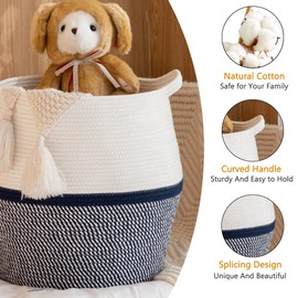 KAKAMAY Woven Baskets for Storage(17"x17"),Large Cotton Rope Basket Woven Baby Laundry Hamper,Collapsible Laundry Basket, Blanket Basket for Living Room,Nursery,Clothes, Toy chest(Navy Blue)