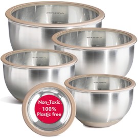 Ziruma Non-Toxic Mixing Bowls with Lids Set, Stainless Steel & Glass, 5 Pcs Plastic Free Bowls with Silicone Non-Slip Base, Dishwasher Safe Mixing Bowl Set