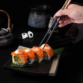 Voyyphixa 2 Pairs of Chopsticks Reusable Japanese Chopsticks with Ceramic Panda Holder Chinese Style Gift Box Non-Slip Chopsticks Washable for Dishwasher (Black)