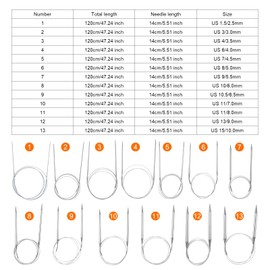 HARFINGTON 13pcs Circular Knitting Needles Set 47.24" Stainless Steel Knitting Needles 5.51" Short with Large Eye Sewing for Fast Knitting Sweater Sleeves