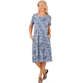 LA CERA Cotton Knit A-Line Dress - Blue Floral (Large, Blue)